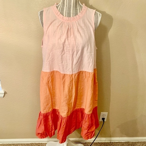 NWT St. John’s Bay Dress Petite Large (PL) Mini Ruffled Orange Pink Sleeveless - Picture 1 of 14
